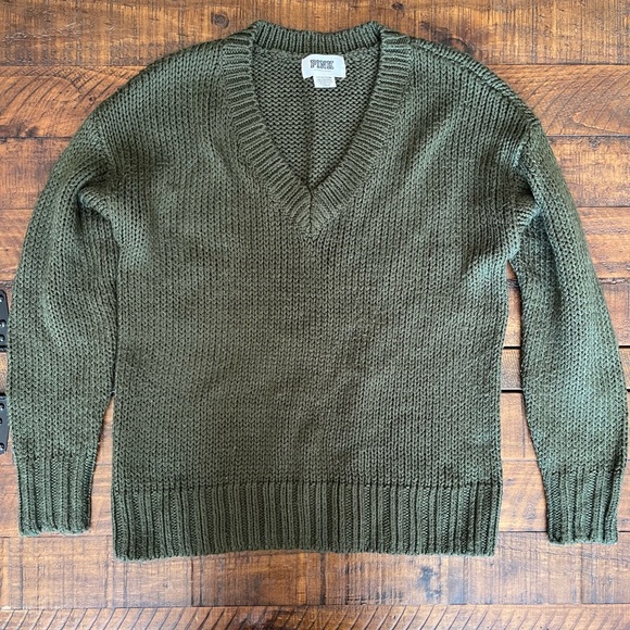 PINK Victoria's Secret Olive Oversized V-Neck Sweater - Picture 1 of 2